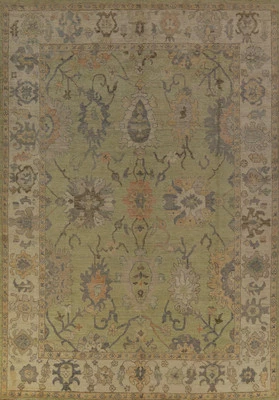 Handmade Green Oushak Turkish Rug 9x12 Ft Transitional Vegetable Dye Area Rug - Image 1 of 4