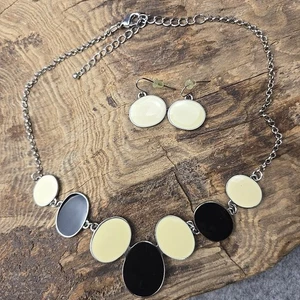 Black and Cream Enamel Necklace and Earring Set - Picture 1 of 6