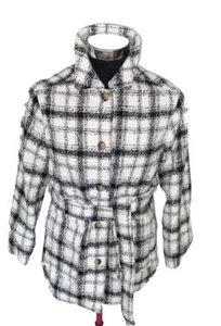 M&S Winter Jacket Cream And Black Plaid Tie Belt, Button Closure Size 12 RP £65 - Picture 1 of 6