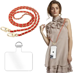 Phone Crossbody Chain Cell Phone Lanyard,Universal Leather+Metal Shouder Strap w - Picture 1 of 12