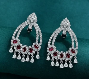 Luxury Floral Design Oval Shape Ruby & Lab-Created Diamonds Drop-Dangle Earrings - Picture 1 of 5