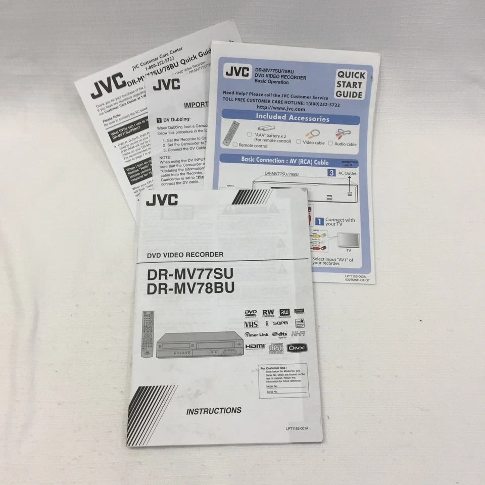 JVC OEM DR-MV77SU DR-MV78BU DVD VHS Recorder Owners Manual Original - Image 1 of 4