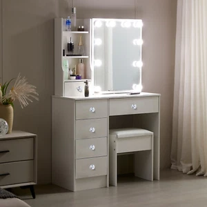 Schminktisch Großer 6 Schublade Frisiertisch mit Hocker und LED-Spiegel Dimmbar - Bild 1 von 15