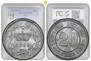 ITALIA, Umberto I, 20 Centesimi 1894 KB, PCGS MS 65 - Imagen 1 de 8