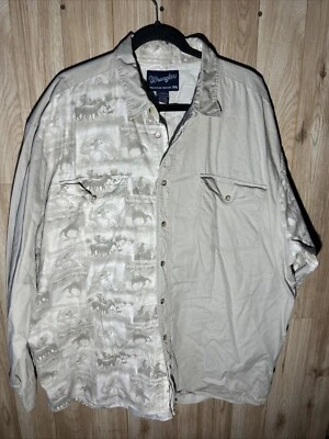 WRANGLER Shirt Mens 2XL Grey Beige Horse Print Snap Up Western Cowboy Rodeo - Image 1 of 4