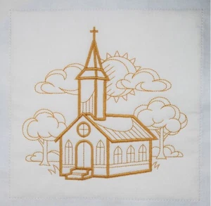 ¡BLOQUE DE EDREDÓN BORDADO MÁQUINA DE IGLESIA DE ORO LIGERO COMPLETO CON BATEO! - Imagen 1 de 1
