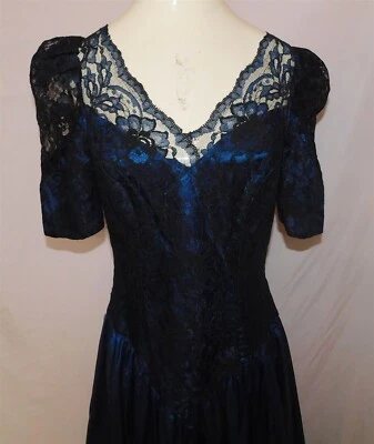 ALFRED ANGELO Long Blue Black Lace Bodice Acetate Dress Costume Formal Prom - Image 1 of 4