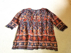 NWOT Womens Top-LUCKY BRAND-navy/orange/beige floral tunic BOHO peasant-3X - Picture 1 of 4