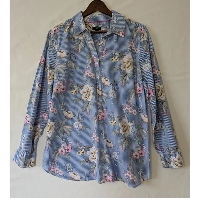 Blusa Talbots Mujer Azul Primavera Floral Rayas Pop Over Talla XLP Mangas Largas Foto 1 de 4