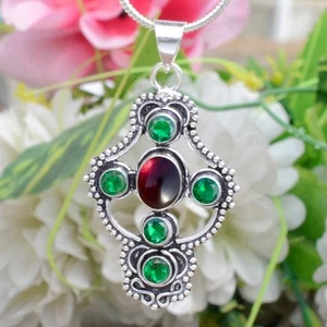 Red Garnet Diopside Cut Gemstone Cross 925 Sterling Silver Men's Gift Jewelry - Picture 1 of 10