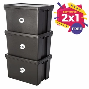 3 x 62L Black Heavy Duty Storage Boxes With Lids - Recycled Plastic - UK Made - Picture 1 of 11