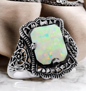 ANELLO FILIGRANA ARGENTO STERLING 925 OPALE CREATO IN LABORATORIO DESIGN VINTAGE #1197 - Foto 1 di 4
