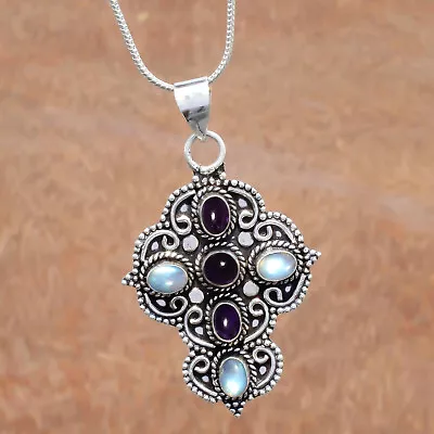 Labradorite & Amethyst Gemstone Cross 925 Sterling Silver Designer Pendant - Image 1 of 4