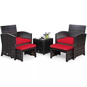 5PCS Rattan Patio Furniture Set Chair & Ottoman Set w/ Red Cushions - Picture 1 of 6