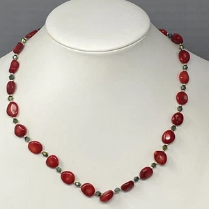 Red Coral Necklace Vintage Beads Aurora Borealis Crystal Spacer Collar Vtg 18" - Picture 1 of 14