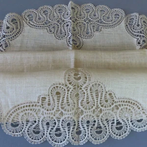 Antique Creamy Ecru Linen + Cantu Bobbin LACE Round 30" Tablecloth or Topper - Picture 1 of 5