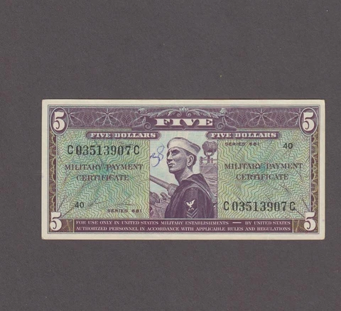 US MPC Military Payment Certificate $5.00 Note Series 681 Cover