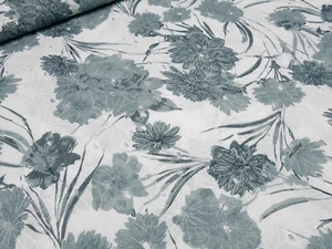 Stoffrest 48x140cm Baumwolle Lochstickerei Blumen weiss grün-grau Blusenstoff - Bild 1 von 4