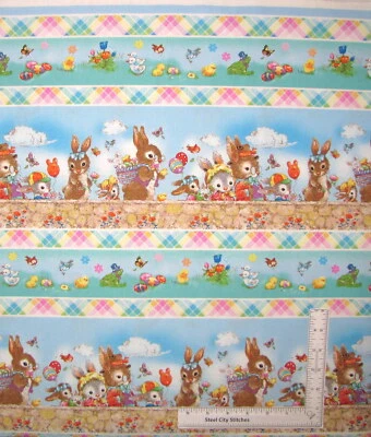 Huevos de pollito de conejo de Pascua tela a rayas colas de conejo algodón por Henry Glass Yard Foto 1 de 3