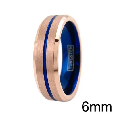 Anel de tungstênio gravado 8 mm folheado a ouro rosa listra azul escovada aliança de casamento - Imagem 1 de 4