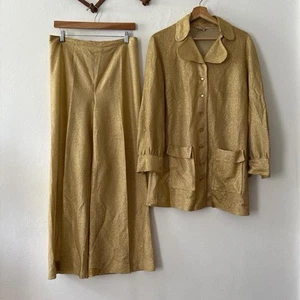 The Mastery of Manhasset VTG 70s 80s Gold Shiny Set Button Up Top Wide Leg Pants - Picture 1 of 6