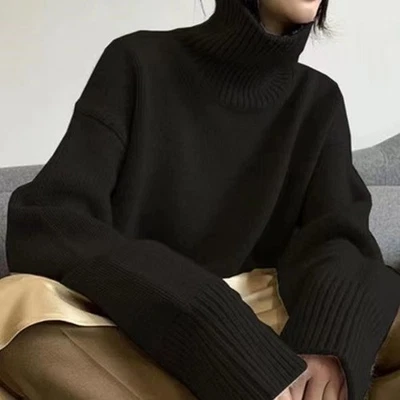 Autumn Thick Cashmere Blend Sweater Women High Neck Knitted Warm Loose Sweater - Image 1 of 4