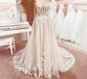 Plus Size Wedding Dress Sweetheart Appliques Lace A Line Bridal Gown Court Train - Picture 1 of 9