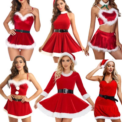 Sexy Para Mujer Terciopelo Sra Claus Santa Navidad Disfraz Trajes Vestido Body EE. UU. Foto 1 de 2