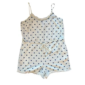 Aerie White Blue Embroidered Romper Size XL Spaghetti Strap Pockets Fringe Boho - Picture 1 of 9
