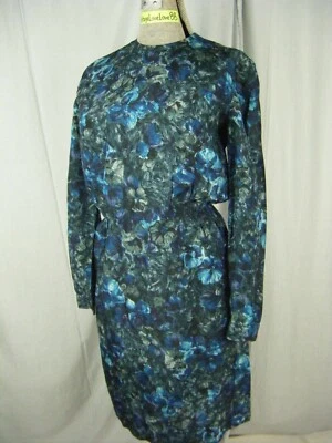 Vtg 60s Handmade Blue Black Floral Printed Crepe Dress-Bust 35/2XS - Image 1 of 4