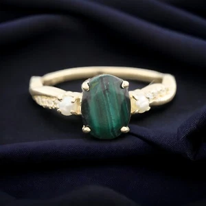 925 Sterling Silver 8x6 mm Oval Shape Natural Malachite Ring Cubic Zirconia Ring - Picture 1 of 4