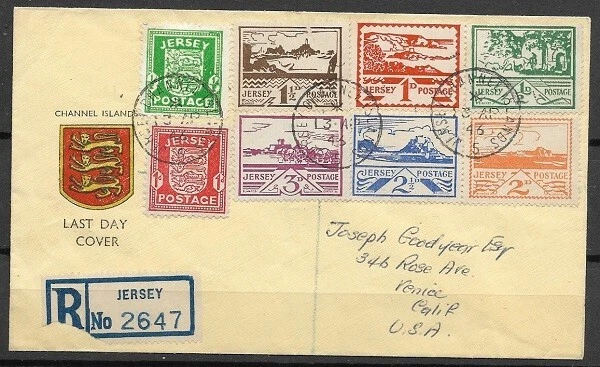 JERSEY Channel Islands Sc N1 to N8 on  REGISTERED COVER  to USA VF SEE  PHOTO - Image 1 of 2