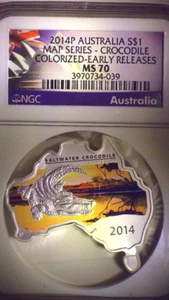 2014-P Australia MAP SHAPED COIN, CROCODILE  1 oz $1 Silver Coin NGC MS70 ER - Picture 1 of 5