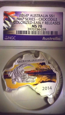 2014-P Australia MAP SHAPED COIN, CROCODILE  1 oz $1 Silver Coin NGC MS70 - Image 1 of 4