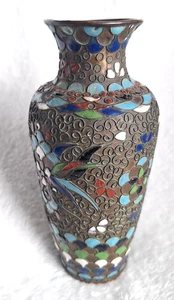 Antique Chinese Bronze Floral Cloisonne Blue Enamel Vase 15cm - c1910 - Picture 1 of 6