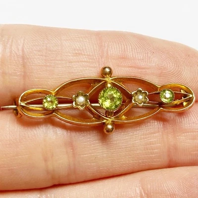 Antique Edwardian 9k Gold Peridot Pearl Brooch Pin - Image 1 of 4