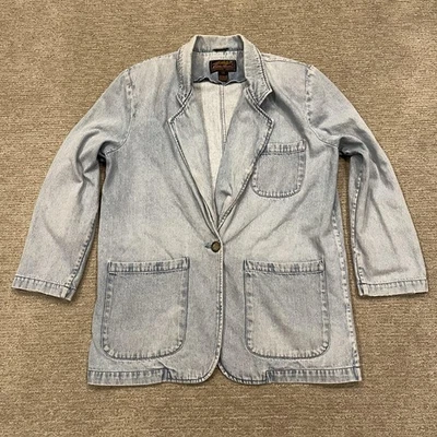 Vintage Eddie Bauer Denim Blazer Women Large Pocket 90s Jean Chambray Distressed - Image 1 of 4