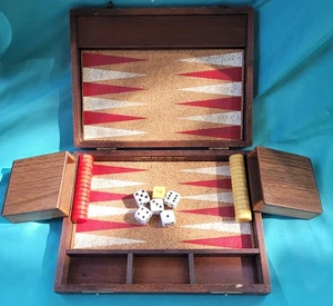 Vintage Drueke Backgammon Game Magnetic Bakelite Movers Wood Case Red Cream  - Picture 1 of 15