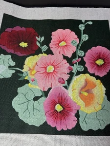 DEDE HANDBEMALTE NADELSPITZE LEINWAND GROSS, KISSEN/WAND, 13 KT HOLLYHOCK, BESCHÄDIGT - Bild 1 von 9