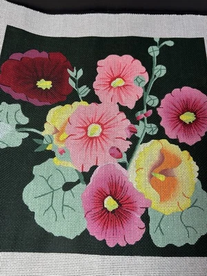 DEDE РУЧНАЯ РОСПИСЬ ВЫШИВКА ХОЛСТ БОЛЬШОЙ, ПОДУШКА/СТЕНА, 13CT HOLLYHOCK, ПОВРЕЖДЕН - Изображение 1 из 4