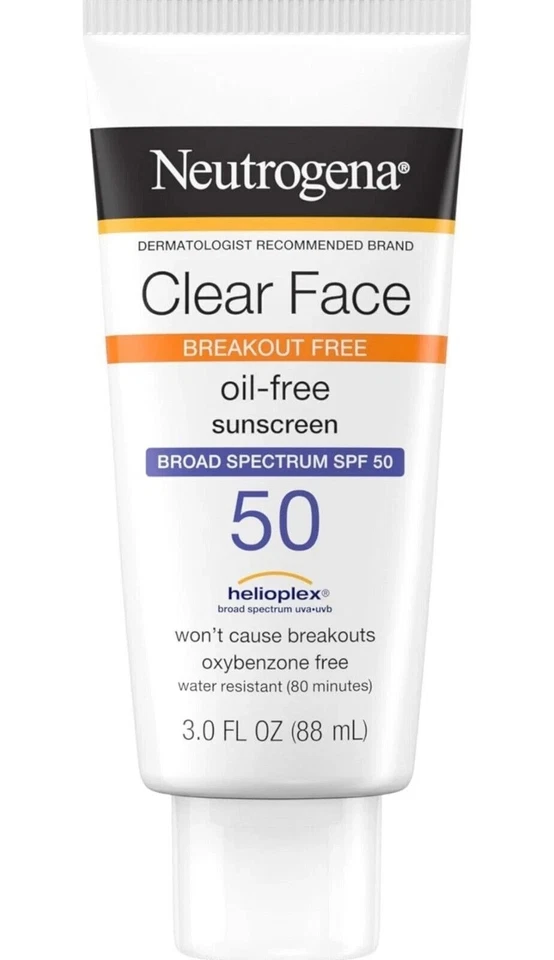 NEUTROGENA CLEAR FACE SPF 50 OIL FREE SUNSCREEN 3oz. Pack of 1 and 2