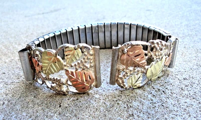 Black Hills Gold 925 Sterling w/ 12K Red & Yellow Gold Leaves Watch band 18mm - Image 1 of 4