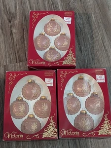 Vintage 12 Victoria Collection Rauch Glas Ornamente Rosa & Gold Glitzer Schablone USA - Bild 1 von 21