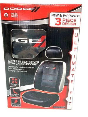 Funda de asiento sin laterales Dodge con bolsillo de carga grande de lujo premium 3 piezas negra Foto 1 de 4
