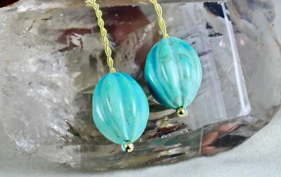 Certified Natural Turquoise Carved Melon Beads Pair 94.60 Ct Gemstone Earrings - Image 1 of 4