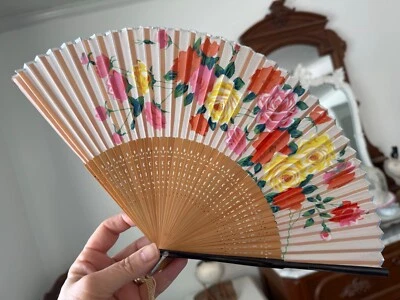 Vintage Asian Roses Hand Fan Bamboo & Fabric Orange Yellow Pink Flowers 8" - Image 1 of 4