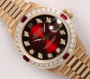Rolex President Lady 18k 26mm Watch-Ruby/Diamond Bezel-Red Vignette Diamond Dial - Picture 1 of 7