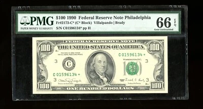 DBR 1990 $100 FRN Philadelphia STAR Gem Fr. 2173-C* PMG 66 EPQ Serial C01596134* - Image 1 of 2