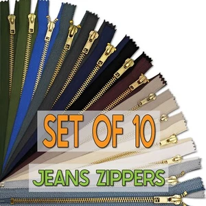 SET OF 10 Metal Gold Brass Zip 10 16 18 20cm Trousers#5 Jeans ZipperClose End UK - Picture 1 of 79