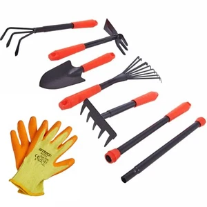 Garden Hand Tool Kit Hoe, Rake, Fork, Trowel, Cultivator, rake with Gloves, 7pc - Picture 1 of 4